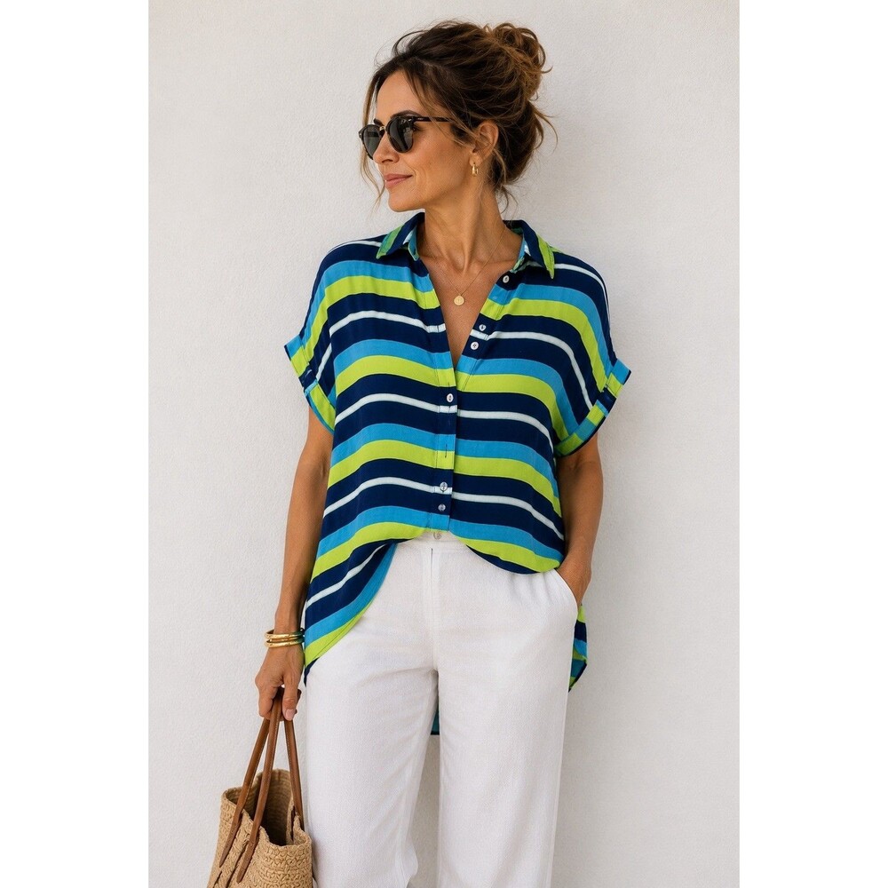 Stylus Womens L Striped Rayon Blouse Blue Lime White Collared Dolman High Low